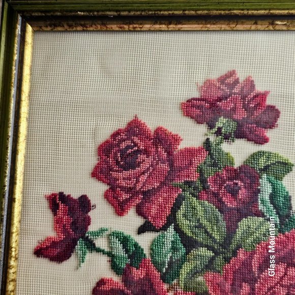 SOLD - Vintage Needlepoint Floral Roses 10X10 Framed Hanging Wall Artwork - Picture 3 of 8